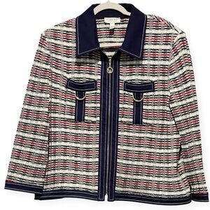 St. John Knit Full Zip Navy,Red & White Collared Sweater Dog Show Size XL